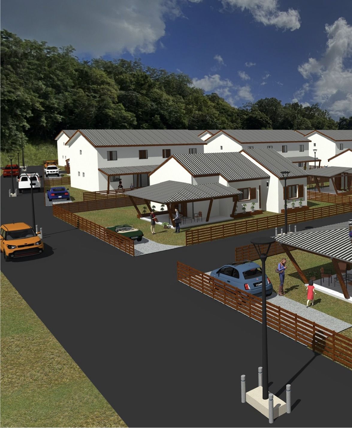 Perspective du programme Les Hauts et les Bas de l'Espérance : maisons blanches aux toits gris, jardins clôturés de bois, au pied des mornes boisés