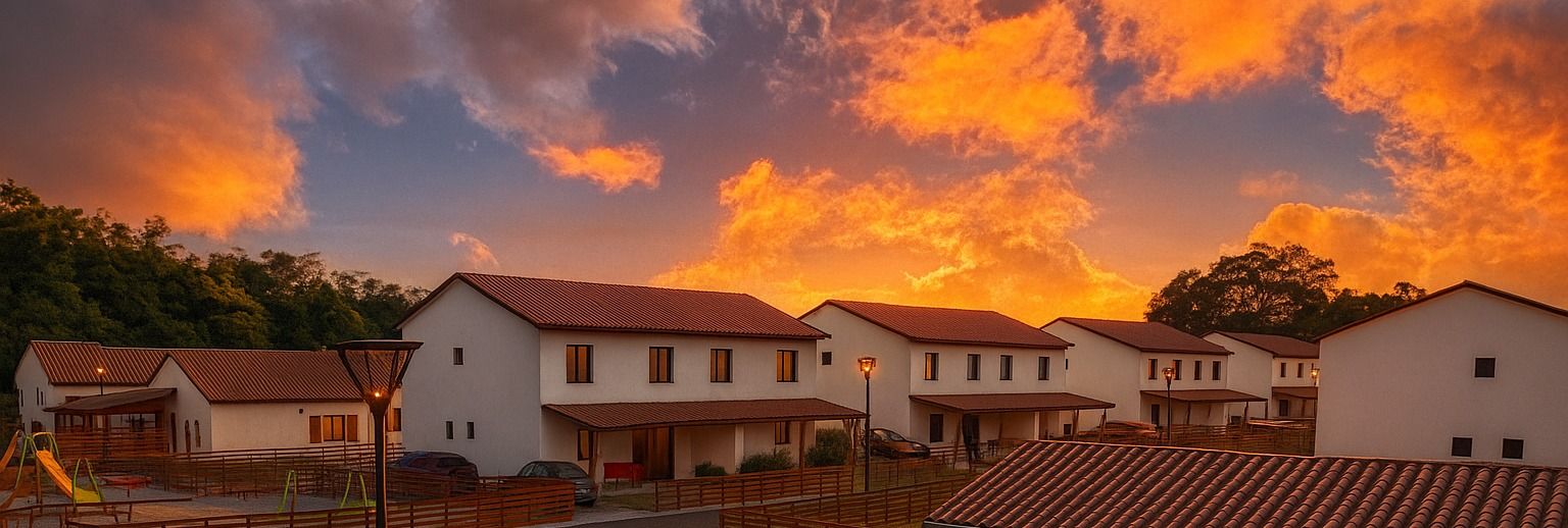 Logements jumelés au coucher du soleil, avec aire de jeux