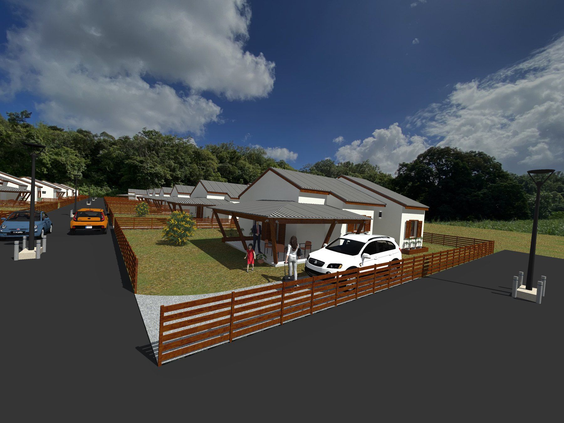 Villa individuelle de plain-pied avec pergola en bois, jardin clôturé et famille devant la maison