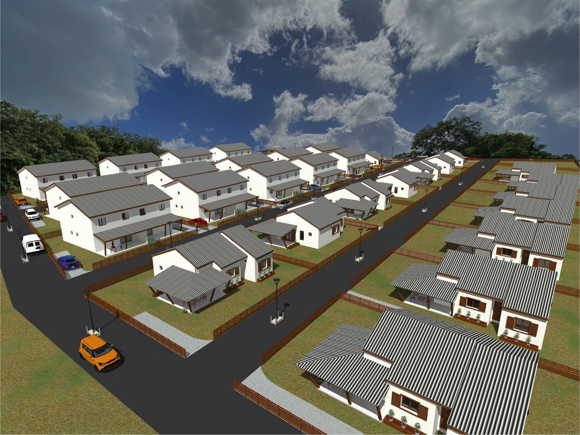 Vue aérienne du programme : rues, villas et logements jumelés avec jardins, au pied des mornes boisés